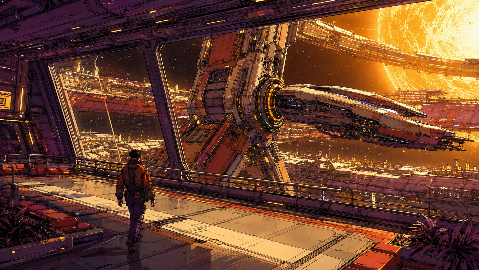 An unnamed explorer inside Starport's observation concourse, overlooking an orbital dock