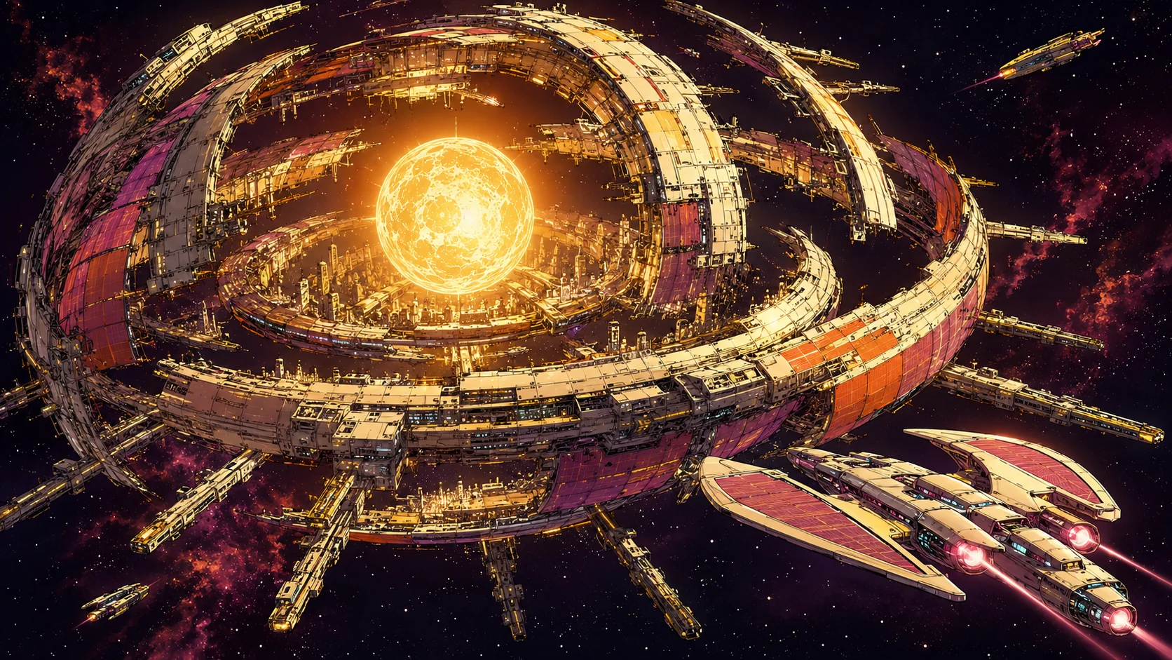 Comic concept of the Starport Dyson city surrounding Theia, with a far-future spacecraft approaching its open orbital bands