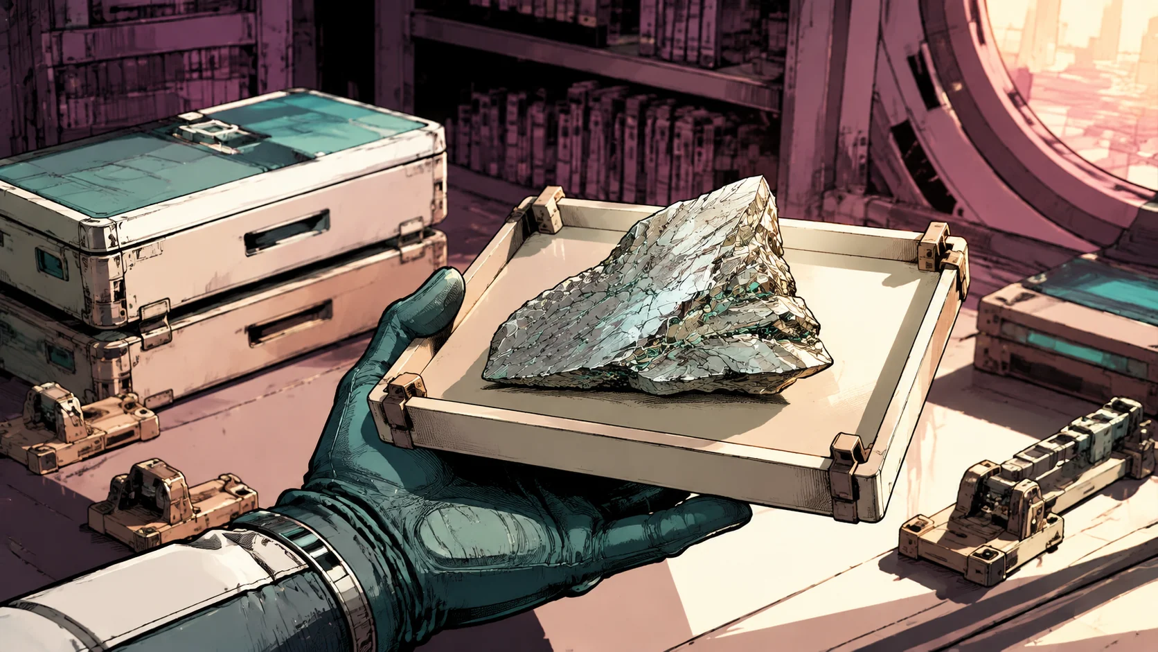 A gloved hand supporting a fictional metal sample in a Starport archive